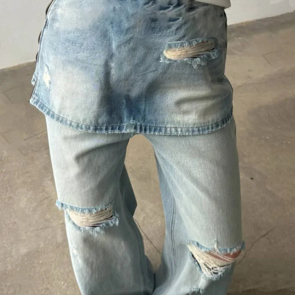 Vaqueros de tiro alto, asimétricos y de pierna ancha en denim lavado