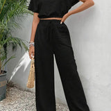 Conjunto de dos piezas para mujer: Top corto holgado, pantalón ancho y tejido transpirable.