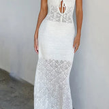 Vestido de tirantes de crochet blanco calado con espalda con cordones