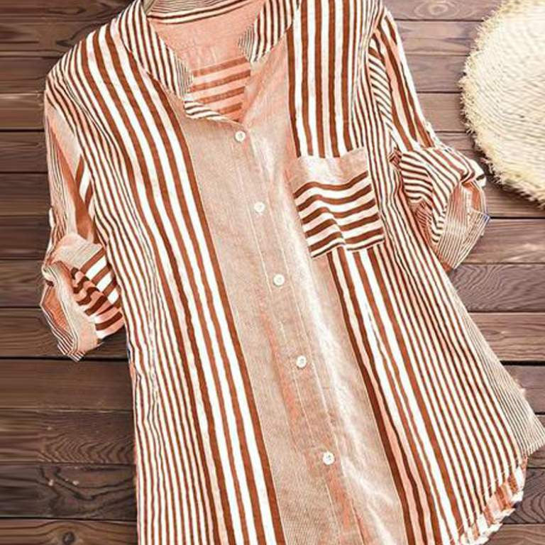 Blusa de mujer – Corte holgado – Tejido transpirable – Rayas – Mangas largas – Bolsillo en el pecho