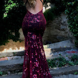 Vestido de noche para mujer - Estilo sirena largo - Escote pronunciado - Tirantes finos - Lentejuelas deslumbrantes