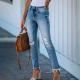Vaqueros ajustados para mujer - Cintura alta, elásticos - Efecto roto - Look moderno y cómodo