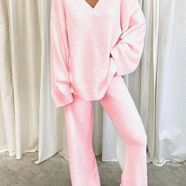 Conjunto de ropa de estar por casa para mujer – Punto suave – Top de manga larga con cuello en V – Pantalón recto