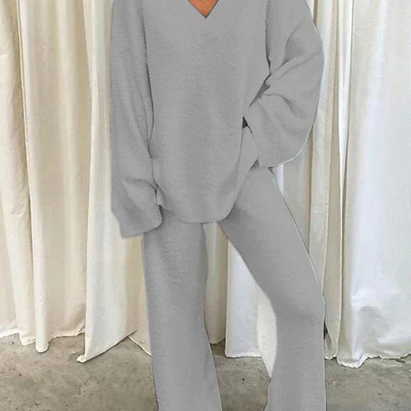 Conjunto de ropa de estar por casa para mujer – Punto suave – Top de manga larga con cuello en V – Pantalón recto