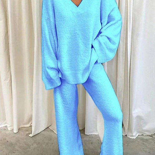 Conjunto de ropa de estar por casa para mujer – Punto suave – Top de manga larga con cuello en V – Pantalón recto