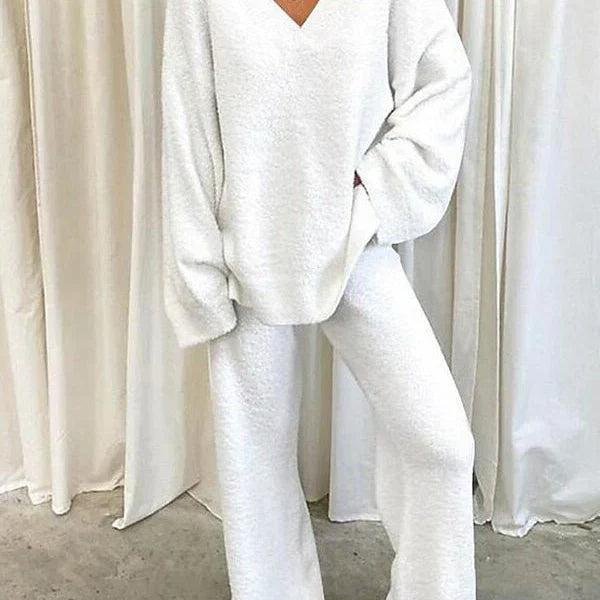 Conjunto de ropa de estar por casa para mujer – Punto suave – Top de manga larga con cuello en V – Pantalón recto