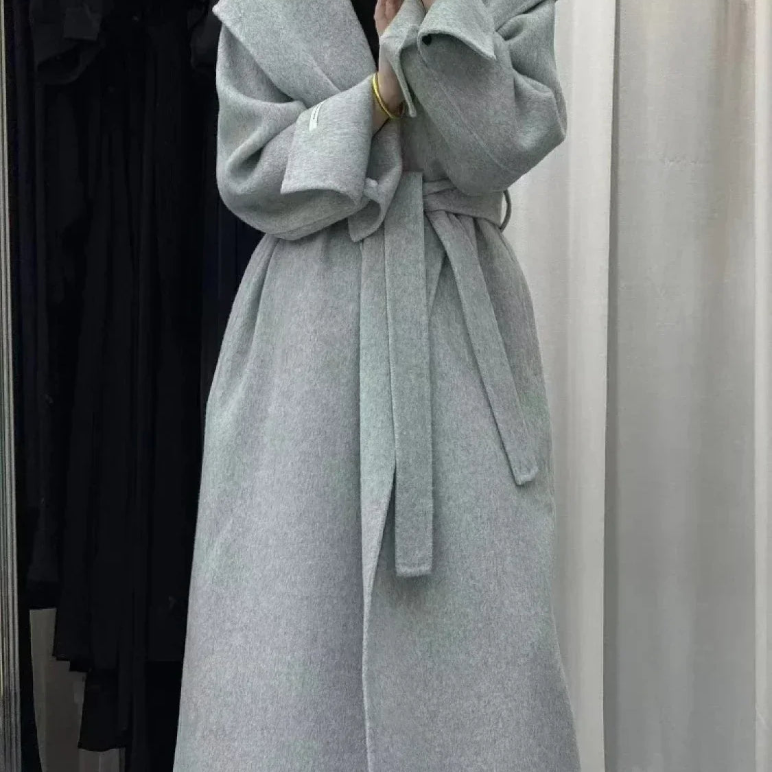 Abrigo de cachemira estilo oficina para mujer con capucha de lana