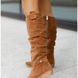 Botas altas de mujer – Ante – Tacón bajo – Punta redonda – Cierre de cremallera – Correa ajustable