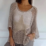 Top corto para mujer – punto calado – corte holgado – mangas 3/4 – cuello redondo con estampado de estrellas