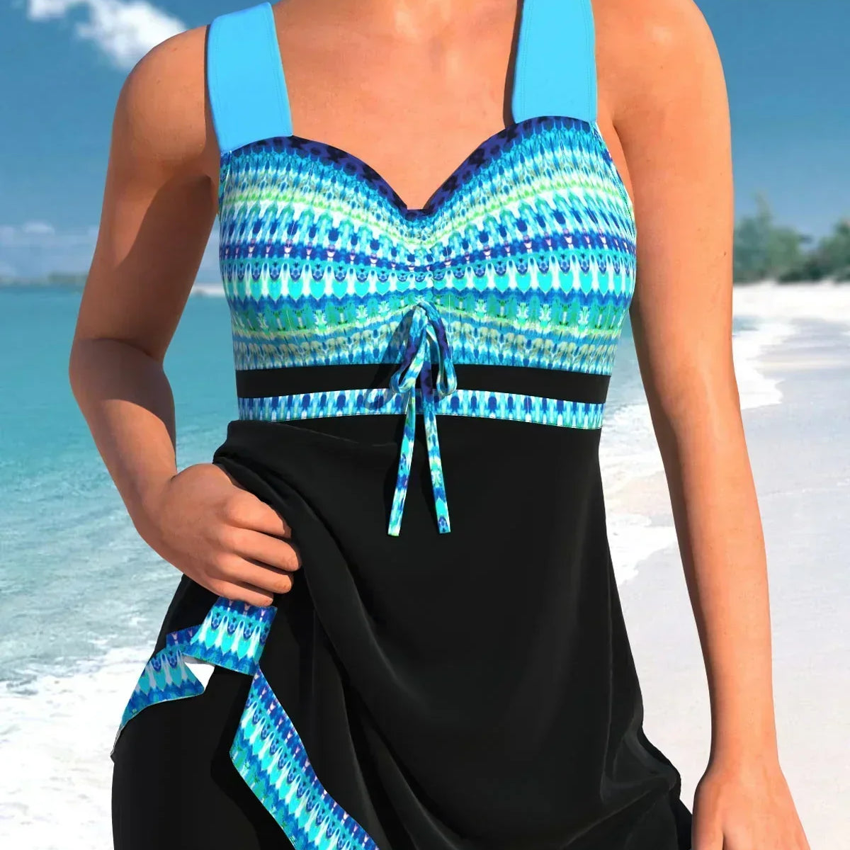 Tankini para mujer – Corte ajustado – Tejido elástico transpirable – Lazo en el pecho – Patrón patchwork