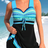 Tankini para mujer – Corte ajustado – Tejido elástico transpirable – Lazo en el pecho – Patrón patchwork