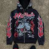 Sudadera con capucha y cremallera estilo hip-hop oscuro Y2K