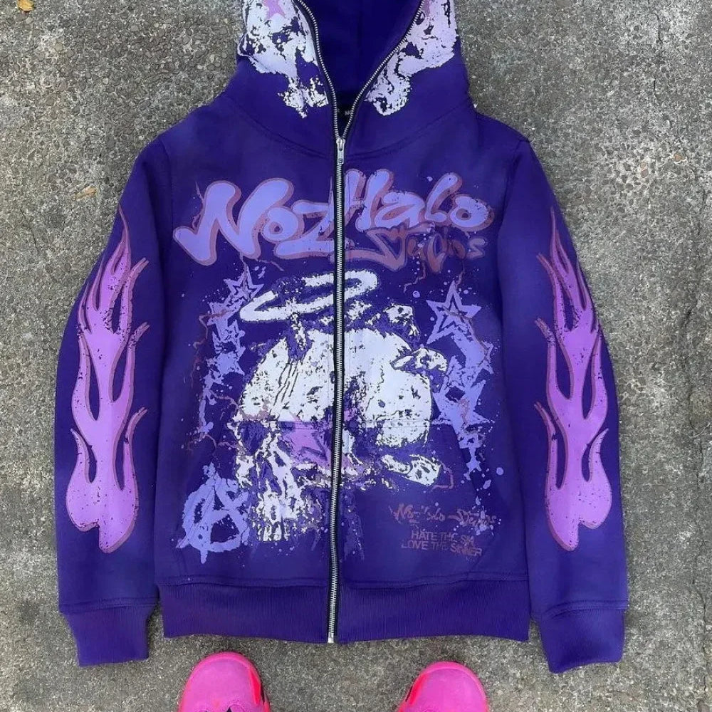 Sudadera con capucha y cremallera estilo hip-hop oscuro Y2K