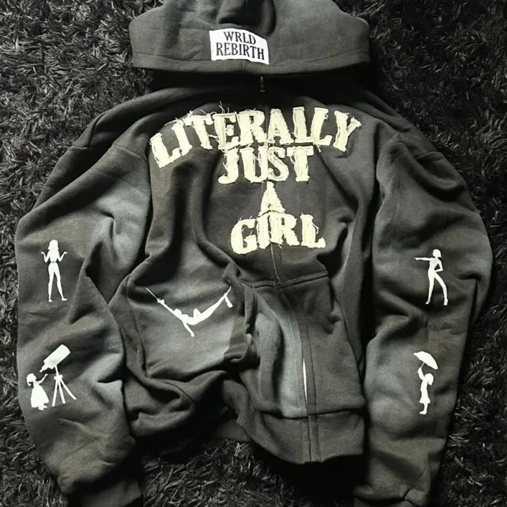 Sudadera con capucha extragrande con cremallera y estampado de letras hip-hop en 3D Y2K