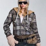 Sudadera con capucha de forro polar sherpa a cuadros Y2K