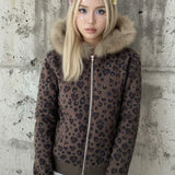 Sudadera con capucha y cremallera de polar con estampado de leopardo sexy Y2K