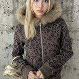 Sudadera con capucha y cremallera de polar con estampado de leopardo sexy Y2K
