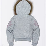 Sudadera con capucha Y2K con cuello sherpa, pedrería y cremallera frontal, cintura ajustada.