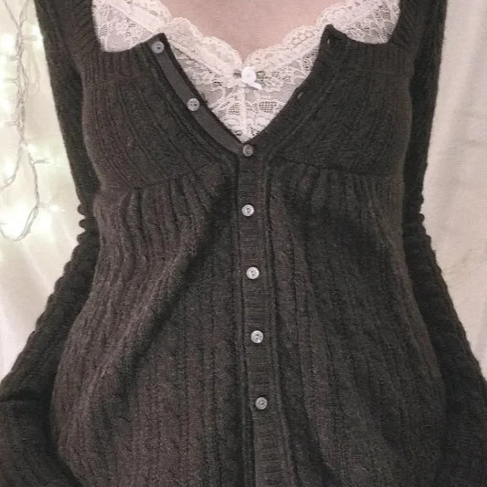 Blusa Y2K con botones y cuello cuadrado en punto cable
