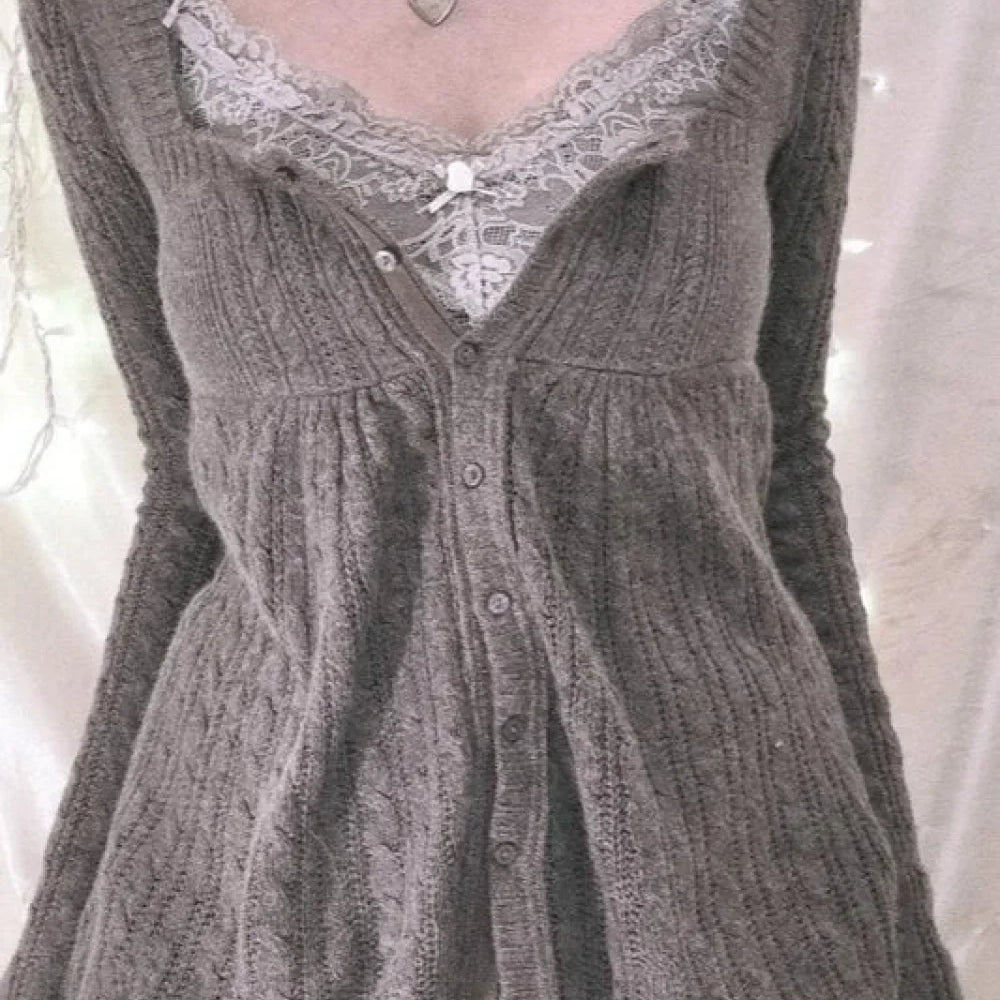 Blusa Y2K con botones y cuello cuadrado en punto cable