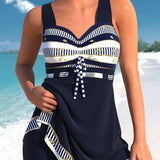 Tankini para mujer – Corte ajustado – Tejido elástico transpirable – Lazo en el pecho – Patrón patchwork