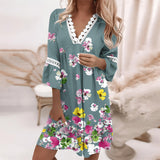 Vestido de mujer – Corte holgado – Tejido transpirable – Escote en V de encaje – Mangas 3/4 acampanadas
